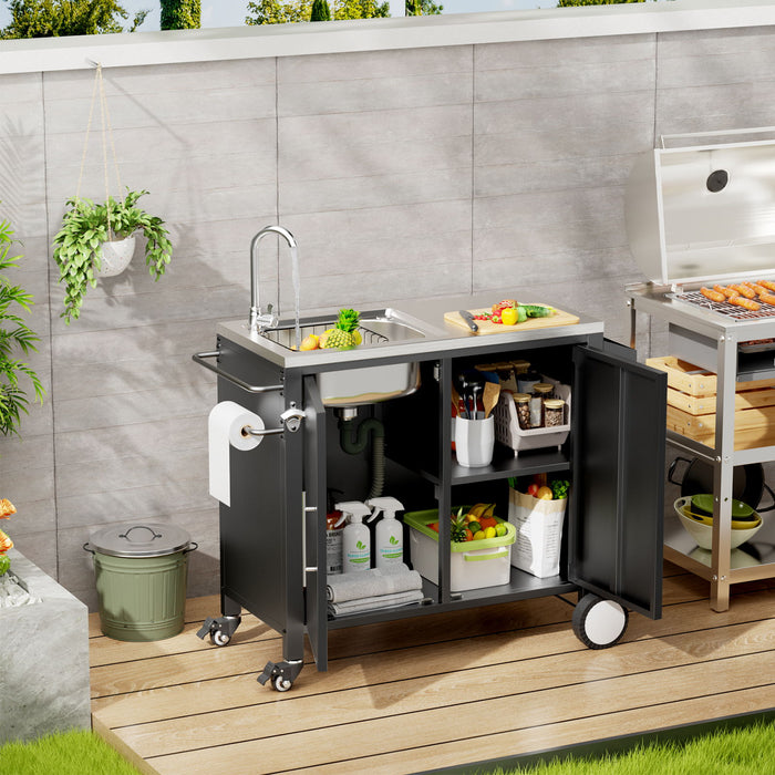 Outdoor Grill Table With Sink, Grill Cart With Sink And Cabinet With Wheels - Black / Silver Daily Nest