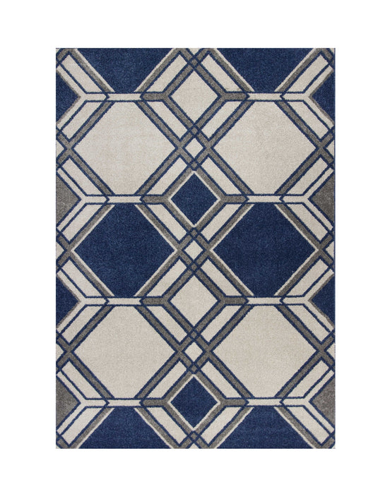 7' X 10' Geometric Indoor / Outdoor Area Rug - Ivory / Blue