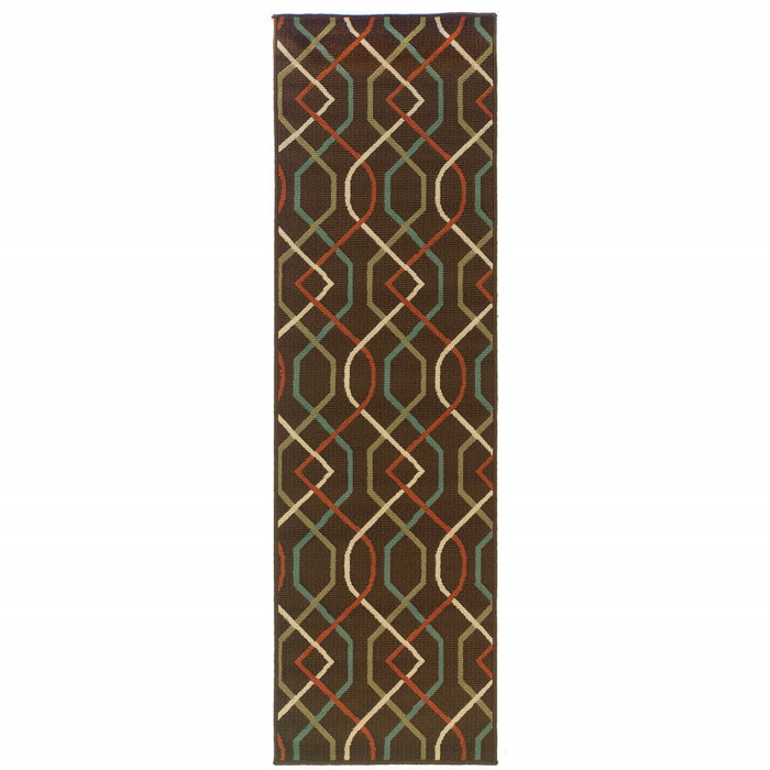 2' X 8' Geometric Stain Resistant Indoor / Outdoor Area Rug - Brown / Ivory