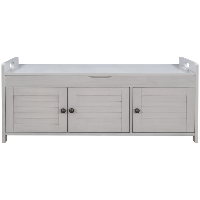 Storage Bench With 3 Shutter-Shaped Doors, Shoe Bench With Removable Cushion And Hidden Storage Space Hearth and Haven