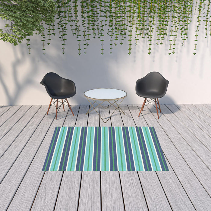 5' X 8' Geometric Stain Resistant Outdoor / Indoor Area Rug - Blue / Green