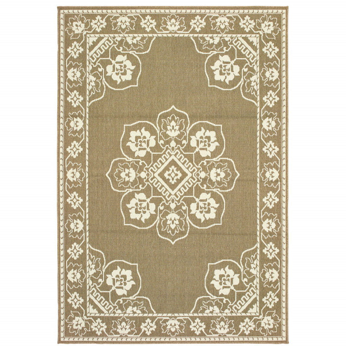 9' X 13' Oriental Stain Resistant Outdoor / Indoor Area Rug - Tan