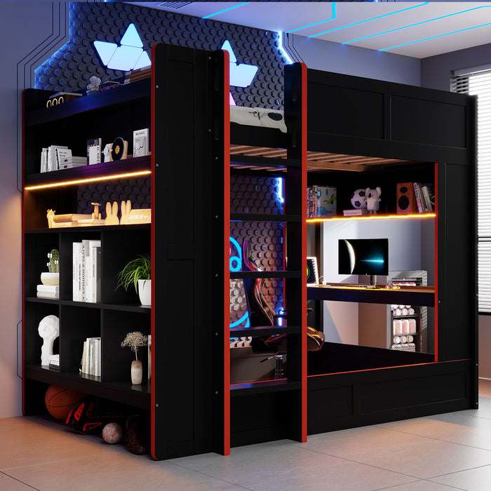 Full Size Gaming Bunk Bed With Desk, Storage Shelves, LED And Charging Station - Black Hearth and Haven