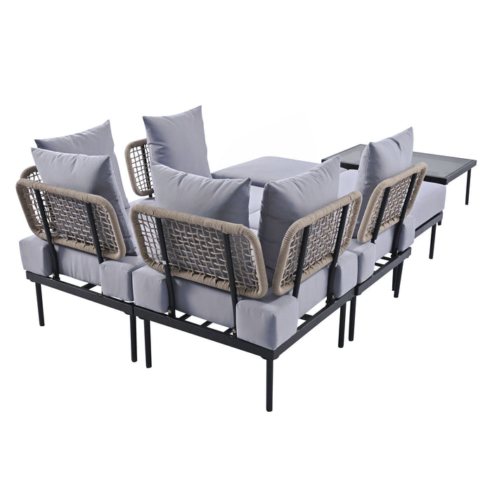 Trexm 8 Piece Patio Sectional Sofa Set With Tempered Glass Coffee Table And Wooden Coffee Table For Outdoor Oasis, Garden, Patio And Poolside (Light Gray Cushion / Black Steel)