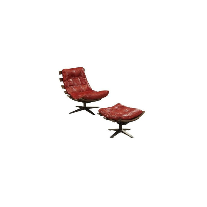 Top Grain Leather Tufted Swivel Lounge Chair With Ottoman - Red And Brown