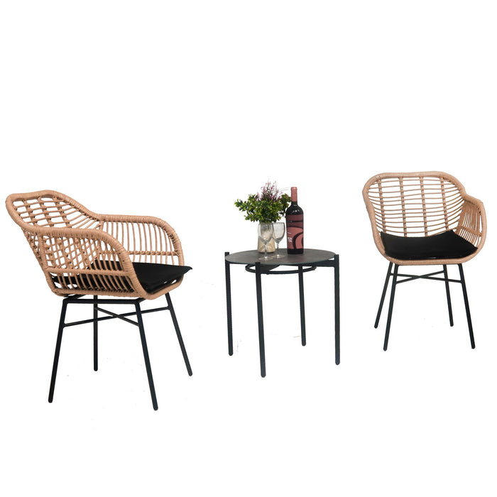 3 Pieces Of Luxury Outdoor Wicker Furniture, Patio Bistro Style Table And Chair Combination, Weather Resistant PE Wicker Weave, Suitable For Garden - Black / Natural