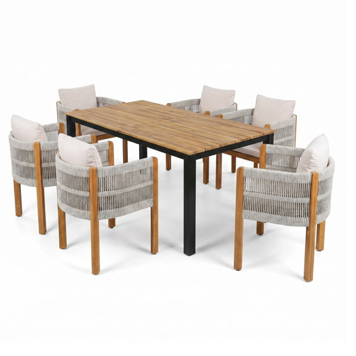 7 Piece Outdoor Dining Set With Table And 6 Chairs - Beige / Teak / White Noble House