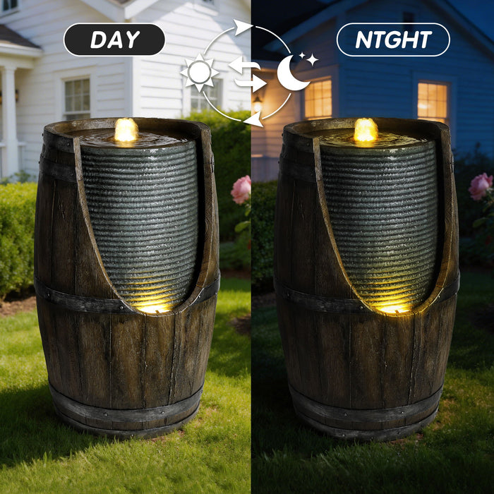 Rustic Barrel Water Fountain With LED Light Daily Nest
