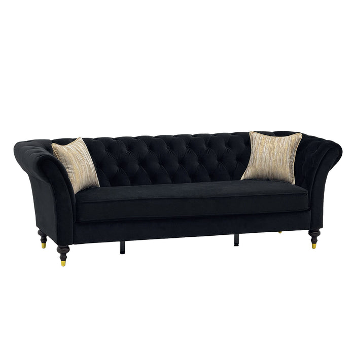 3 Seater Button Tufted Sofa With Rolled Arms, Living Room Couch With 2 Pillows - Black Home Essentials
