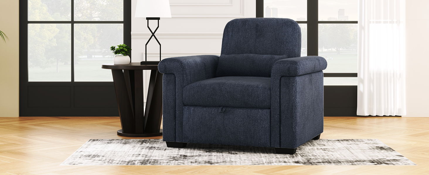 3 In 1 Convertible Sleeper Chair Sofa Bed Pull Out Couch Adjustable Chair With Pillow, Adjust Backrest Into A Sofa, Lounger Chair, Single Bed Or Living Room Or Apartment, Dark Blue