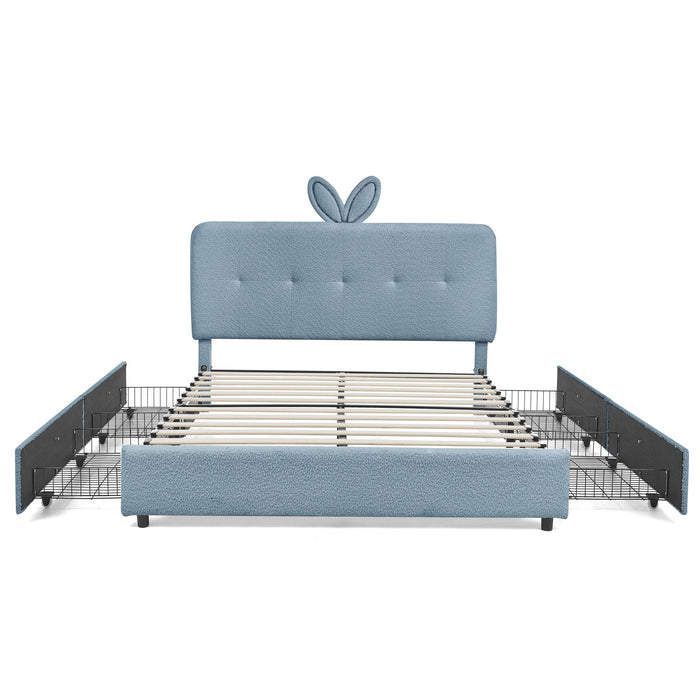 Upholstered Bed With Oversized Rabbit Ear Headboard, LED Lights & 4 Storage Drawers Home Essentials