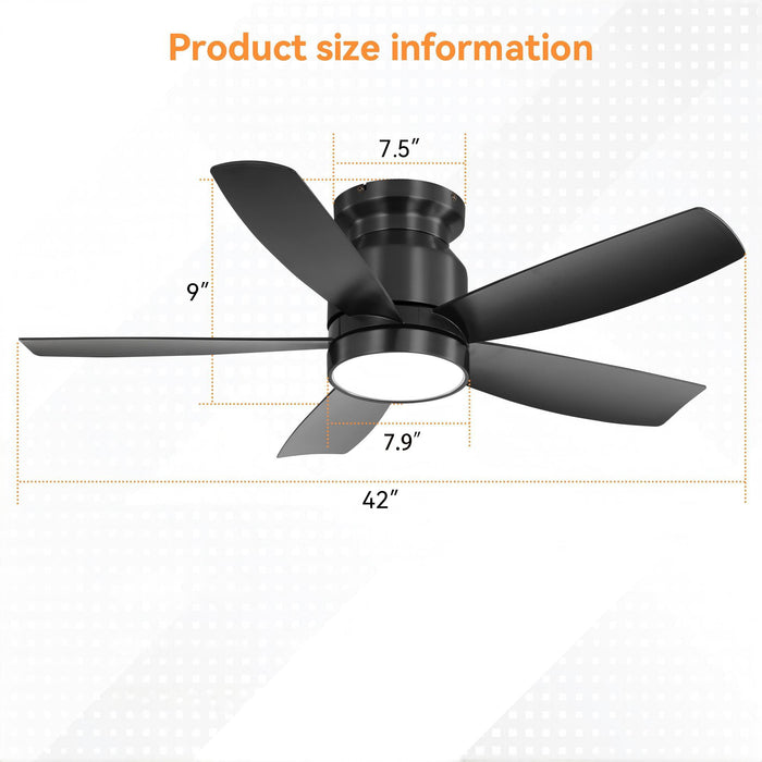 Flush Mount Ceiling Fan With LED Light 22W And Remote Control Blades For Indoor Use - Black