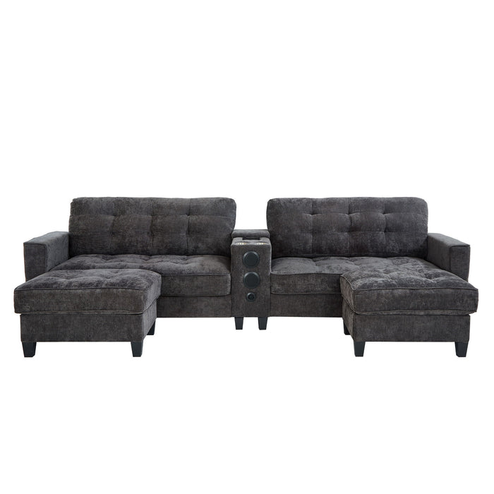 Modern Sectional Sofa U-Shaped With Movable Ottomans, tooth Speakers, LED Lights And Modular Storage