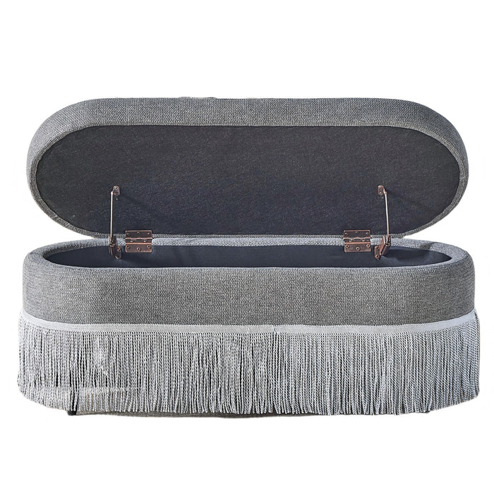 Oval Upholstered Storage Ottoman With Fringe Trim & Lift Top Lid Home Essentials