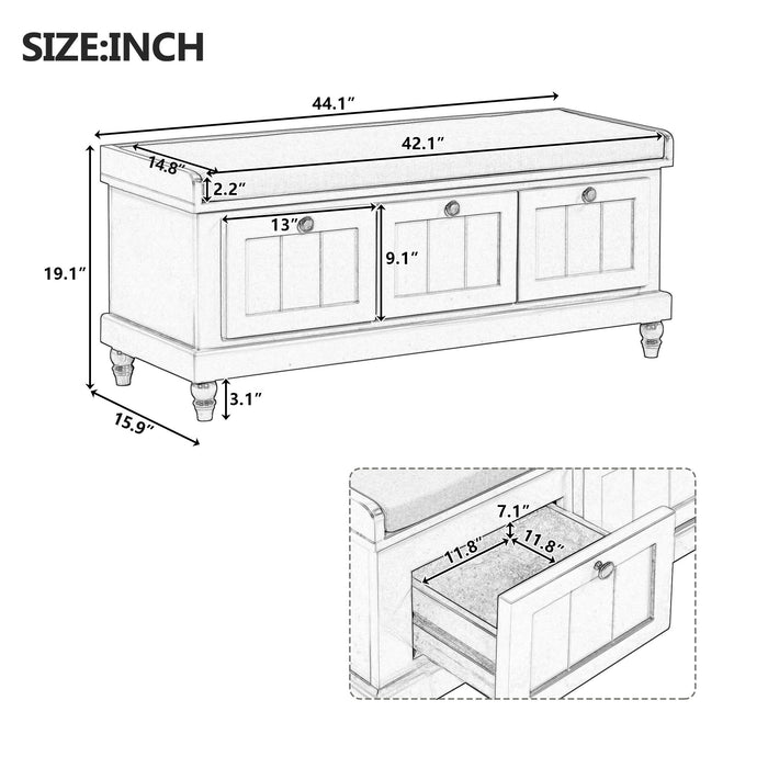 Shoe Bench With Cushion And 3 Drawers - Natural Hearth and Haven