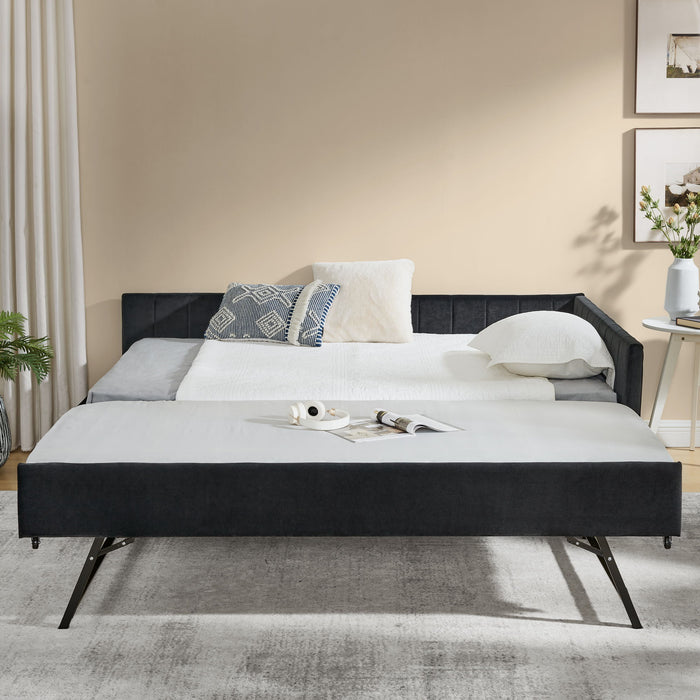 Full Size Upholstered Daybed With Trundle, Tufted Backrest And Armrests - Black Home Essentials
