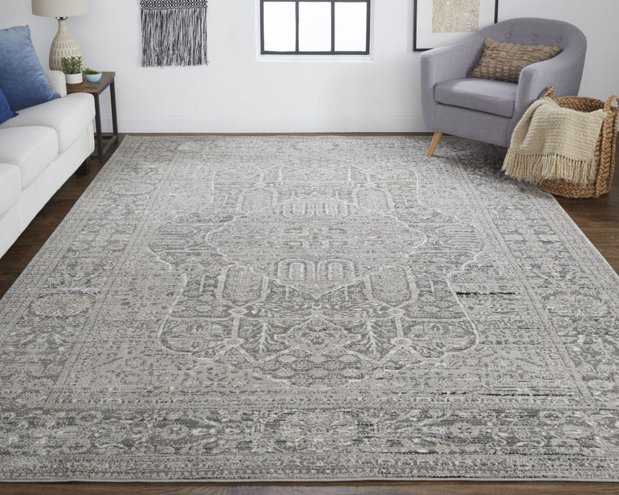 Floral Power Loom Distressed Area Rug - Gray Silver And Taupe - 8' X 11'