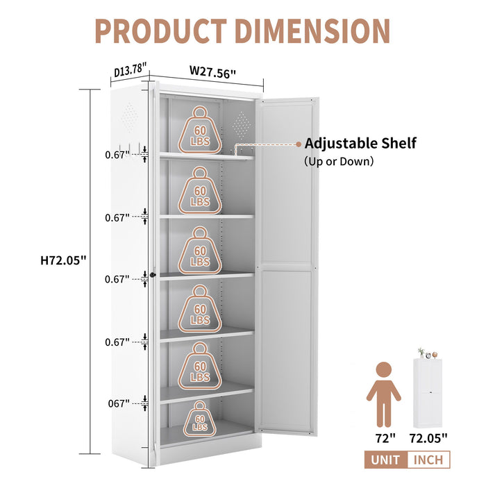 Kitchen Pantry Cabinet With Doors, Heavy-Duty Freestanding Storage Organizer With 5 Adjustable Shelves, Tool Free Assembly - White Home Essentials