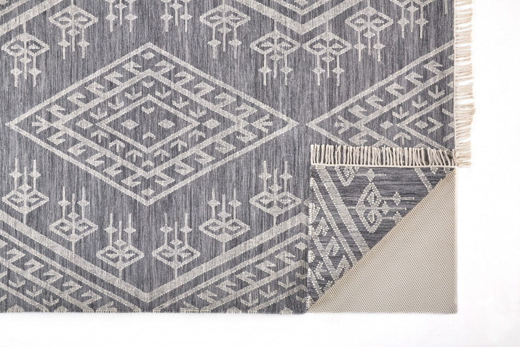 Geometric Dhurrie Flatweave Handmade Area Rug With Fringe - Gray Ivory And Blue Wool - 10' X 14'