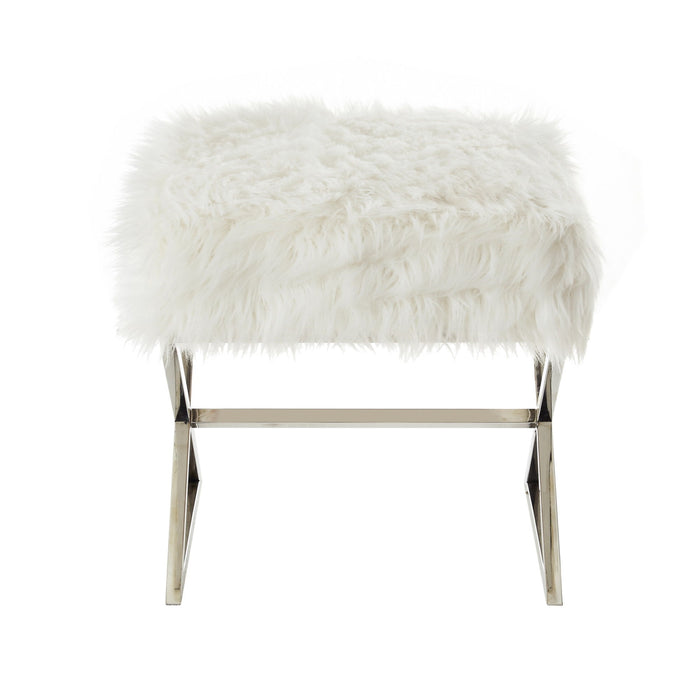 Faux Fur Ottoman - White / Silver