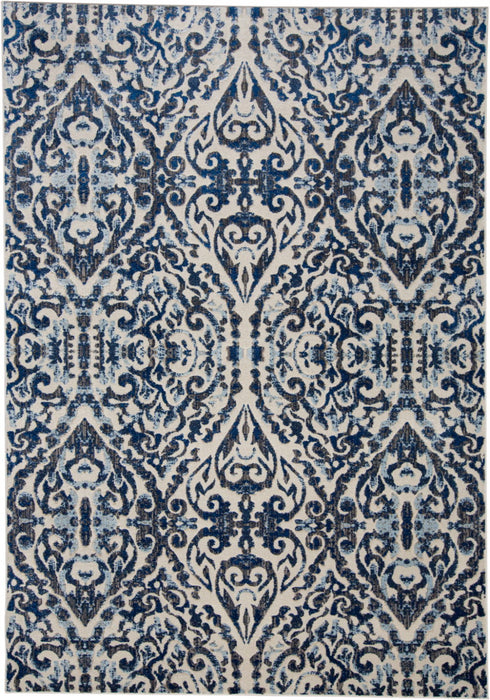 Floral Distressed Stain Resistant Area Rug - Blue Ivory And Black - 5' X 8'