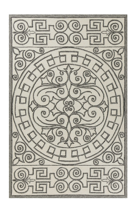 5' X 7' Geometric Pattern UV Treated Indoor / Outdoor Area Rug - Ivory / Gray