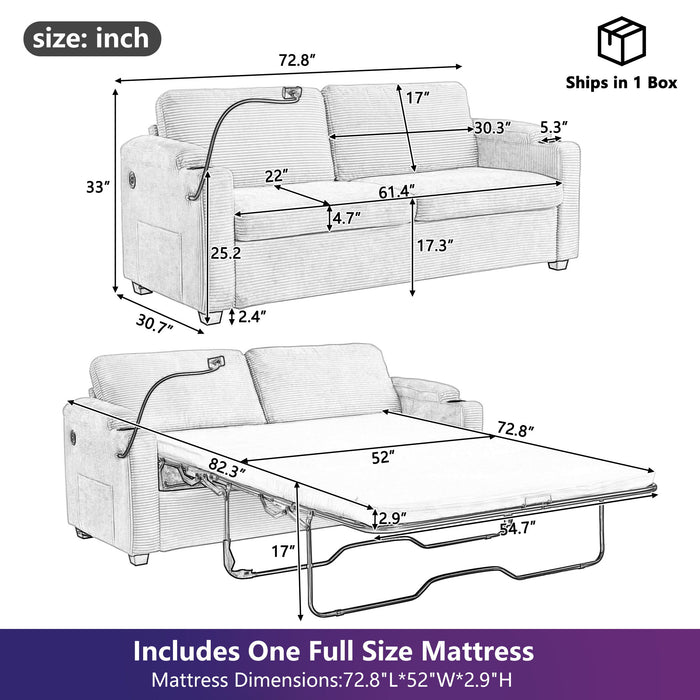 Sleeper Sofa Loveseat Sofa With Full Size Mattress, 2 USB Ports, 2 Cup Holders, 2 Side Pockets And Phone Holder Hearth and Haven