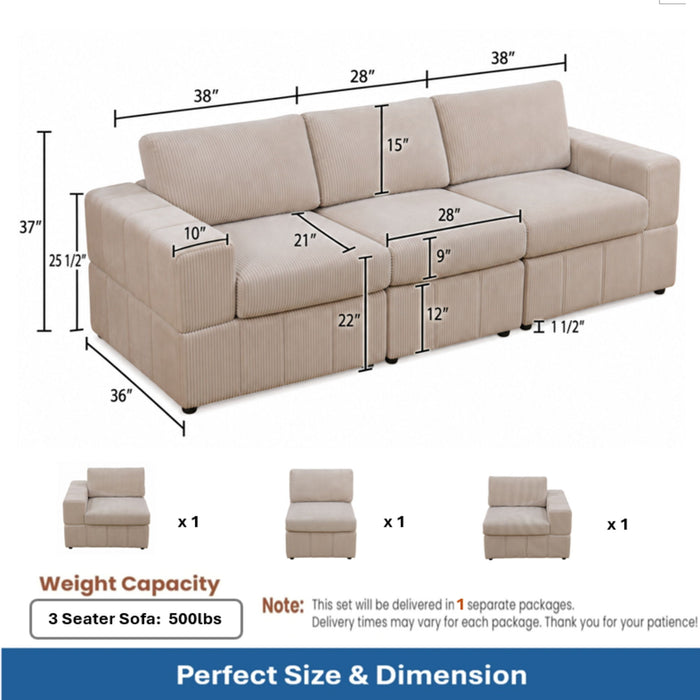Oversized Modular Sectional Sofa 3 Piece Set, Flexible Layout For Living Room Home Essentials