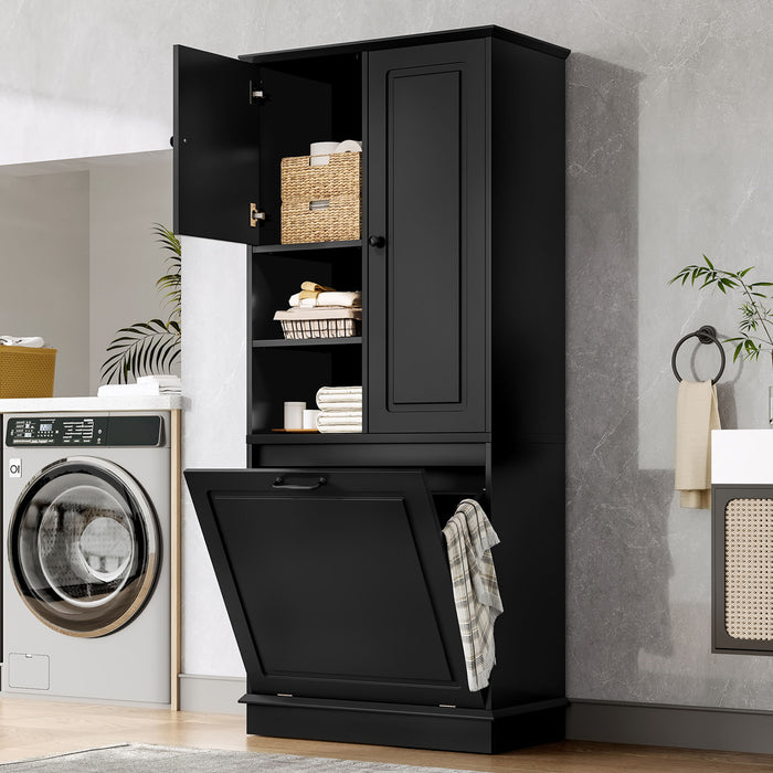 Modern Tall Storage Cabinet With Adjustable Shelves, Flip-Out Basket & Enclosed Doors Hearth and Haven