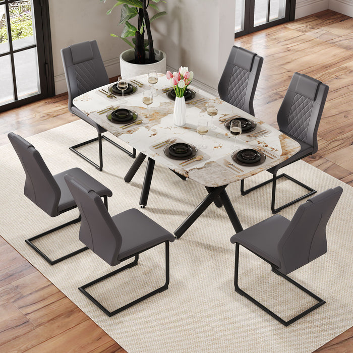 1 Table And 6 Chairs Set, A Rectangular Dining Table With Imitation Marble Tabletop And Black Metal Legs, Paired With 6 Chairs With PU Leather Seat Cushion And Black Metal Legs - Glass / Metal