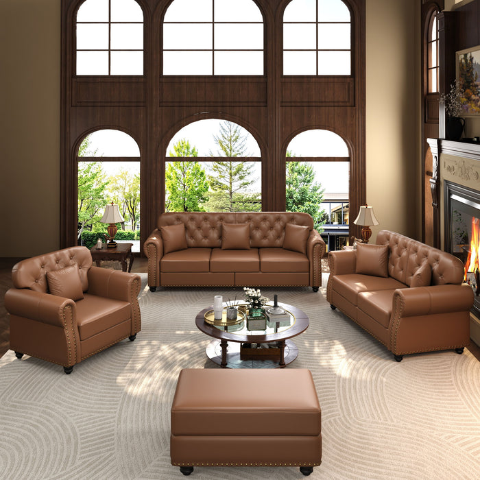 Upholstered Sofa With Nailhead Trim, Rolled Armrests With Ottoman Home Essentials
