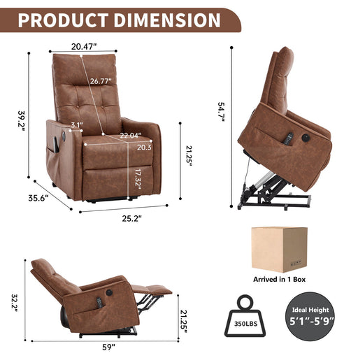 Single Motor Power Lift Recliner Chair With Massage And Heat, USB For Charging - Brown Home Essentials