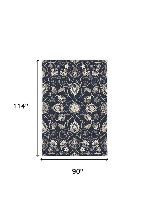 8' X 10' Hand Woven UV Treated Traditional Floral Vines Indoor / Outdoor Area Rug - Navy Blue