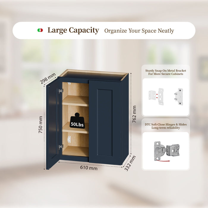 Shaker Wall Cabinet With Soft Close Hinges, Adjustable Shelves, Double Door Home Essentials