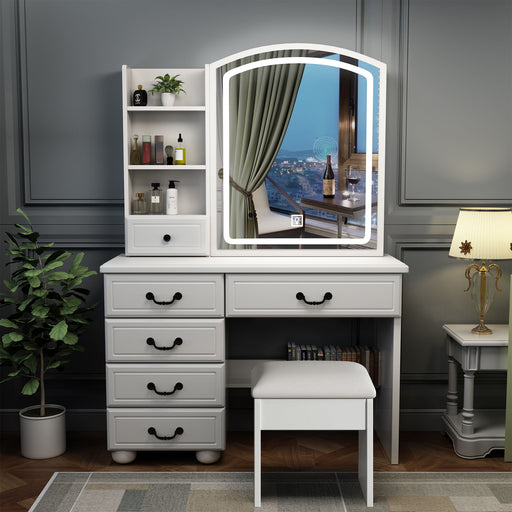 Fashion Vanity Desk With Mirror And Adjustable Lighting, 6 Drawers, 3 Color Light Modes - White Home Essentials