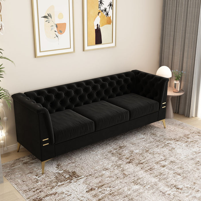 Fx-P83-Bk2 (Sofa) Luxurious Velvet Sofa With Gold Legs, Modern Chesterfield Design, Tufted Upholstery, 3-Seat Couch For Living Room And Office - Black