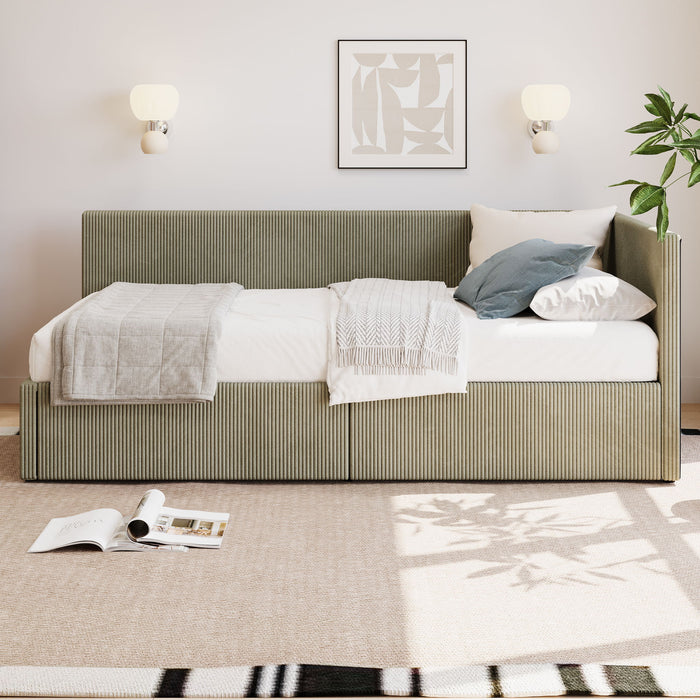 L-Shape Corner Bed, Corduroy Upholstered Daybed With 2 Storage Drawers And Vertical Striped Design