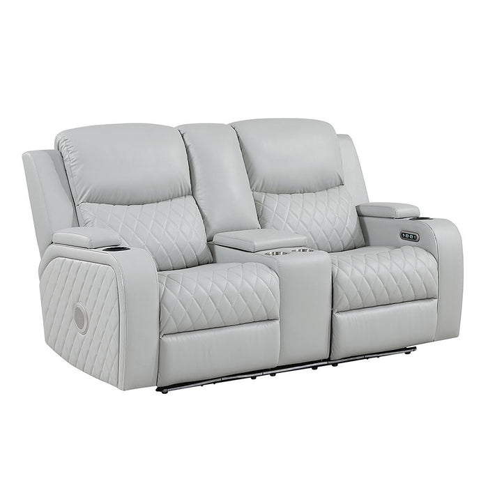 Elonzo - Power Motion Loveseat With Console, LED, Power Headrest & Speaker - Light Gray