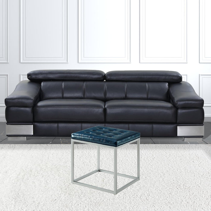 Faux Leather Cube Ottoman - Blue / Gray