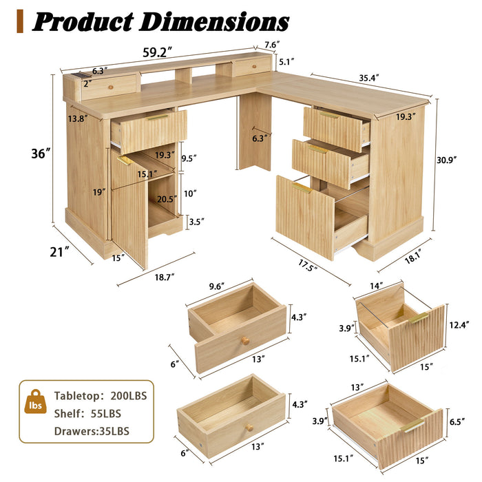 Fluted L-Shaped Desk With Charging Station & Storage Cabinet Home Essentials
