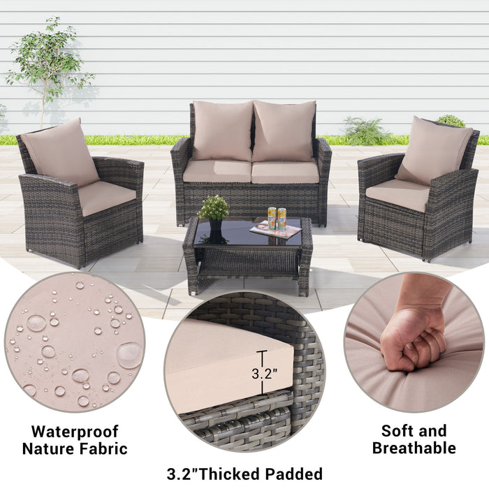 4 Pieces Outdoor Patio Furniture Sets Garden Rattan Chair Wicker Set, Poolside Lawn Chairs With Tempered Glass Coffee Table Porch Furniture, Gray Rattan / Sand Color Cushion