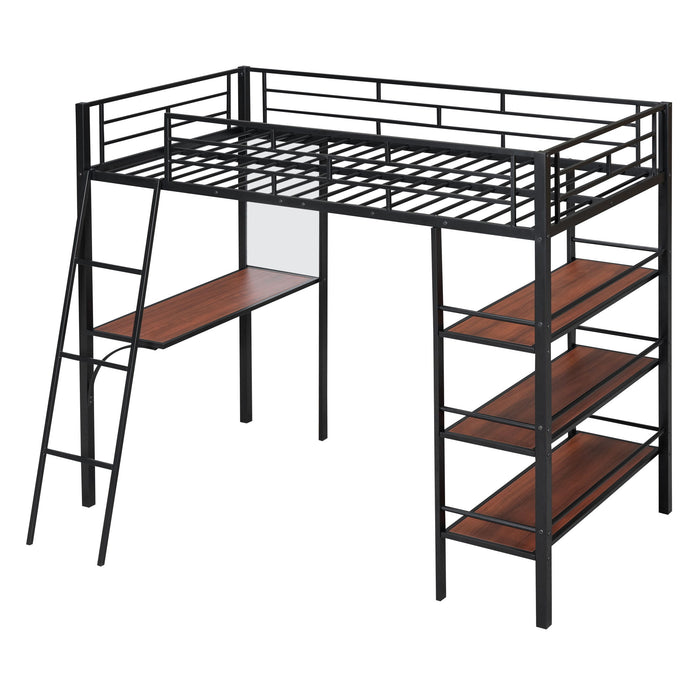 Loft Metal Bed With 3 Layers Of Shelves And Desk, Stylish Metal Frame Bed With board