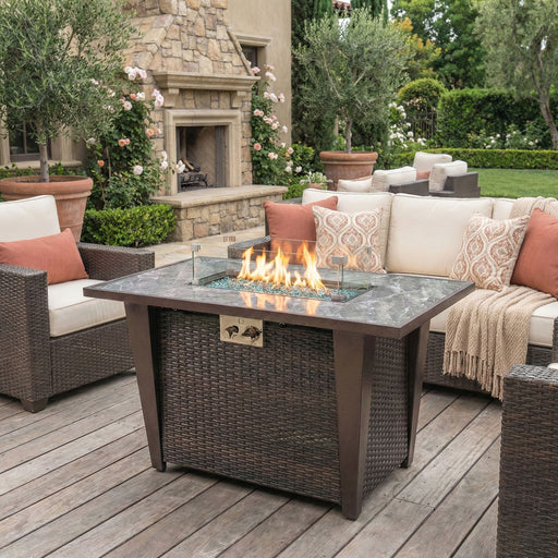 Fire Pit Table, Glass Wind Guard And Rain Cover, Lid - Brown Patioseek
