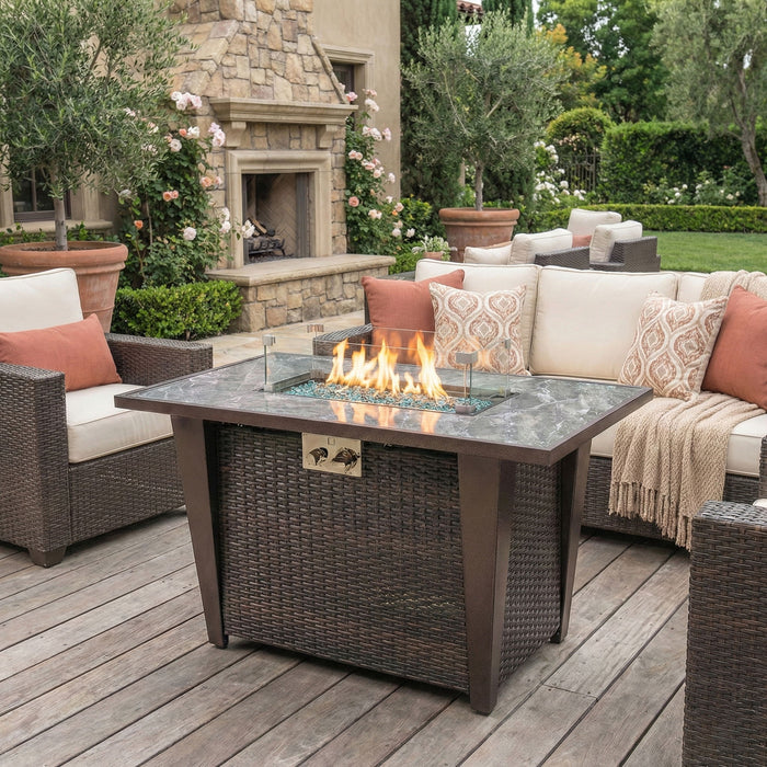 Fire Pit Table, Glass Wind Guard And Rain Cover, Lid - Brown Patioseek