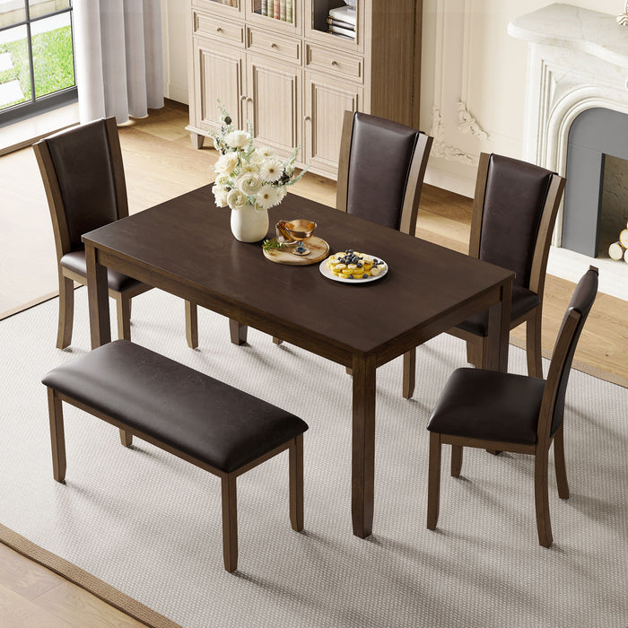 6 Piece Dining Table Set & Bench And Chairs For Dining Room - Dark Walnut Home Essentials