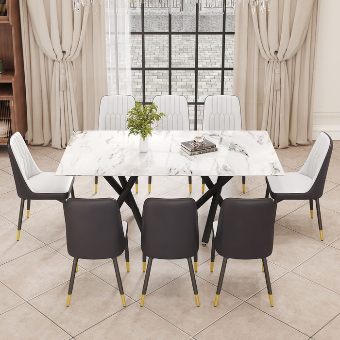 1 Table And 8 Chairs A Rectangular Dining Table With A White Imitation Marble Tabletop And Black Metal Legs, Paired With 8 Chairs, Equipped With PU Leather Seat Cushions And Black Metal Legs - Glass / Metal