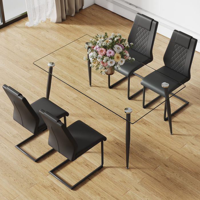 1 Table And 4 Chairs Set, Rectangular Table With Transparent Tabletop And Black Metal Legs, Paired With 4 Chairs With PU Leather Cushioned Seats And Black Metal Legs Transparent Glass / Metal