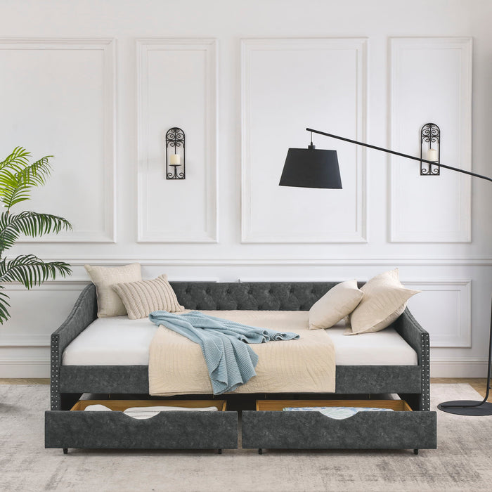 Upholstered Tufted Daybed With 2 Drawers, Waved Arms Home Essentials