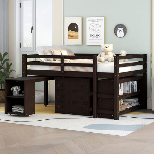 Loft Low Study Bed With Cabinet, Shelves And Rolling Portable Desk, Multiple Functions DreamHaus