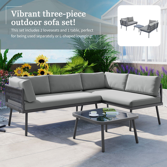 Topmax Modern Outdoor 3 Piece PE Rattan Sofa Set All Weather Patio Metal Sectional Furniture Set With Cushions And Glass Table For Backyard, Poolside, Garden, Gray, L-Shaped